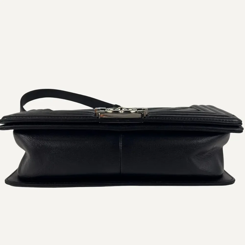 Chanel Boy Bag Medium Black Lambskin Iridescent Chevron Silver CC 17S  Women's